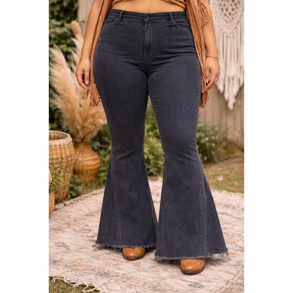 Y2K 90s Big Flare Bohemian‎ Jeans Charcoal Denim Stretch 37x29 Size 16 Raw Hem